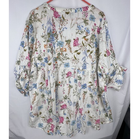 JNY Jones New York Top Womens 3X Linen Blend Floral Button Roll Tab Peasant Boho - Picture 7 of 15